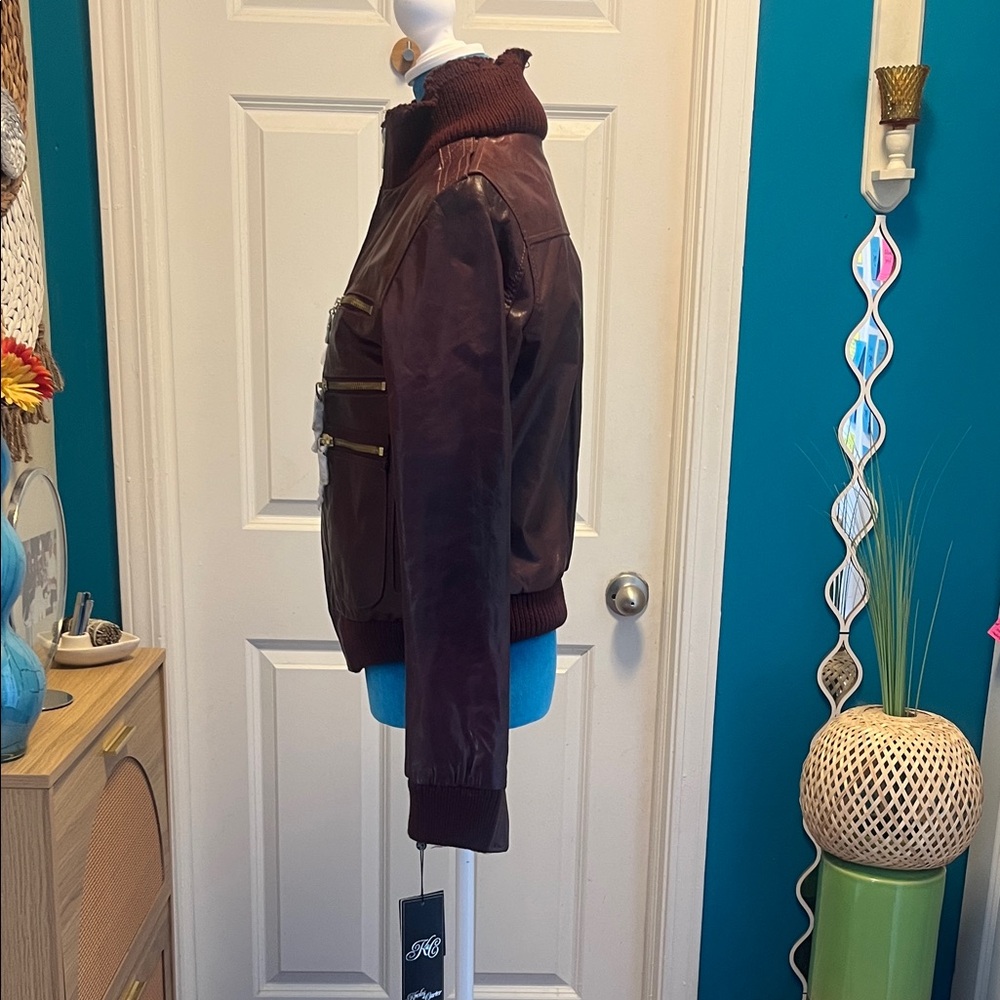 Women's Leather Jacket - Burgundy - Picture 2 of 15
